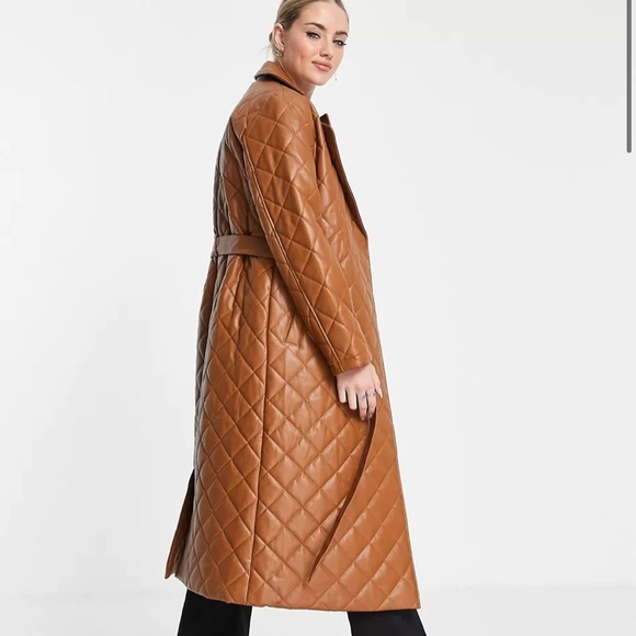 Reclaimed Vintage inspired quilted leather look coat in brown - Picture 2 of 4